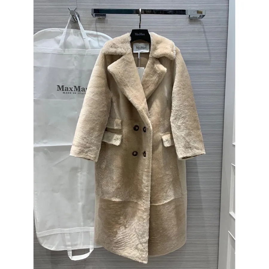 Max Mara Cappotto Doppio Petto In Lana Shearling Tinta Agnello Fodera In Pelle Collezione Autunno/inverno 2019, Beige