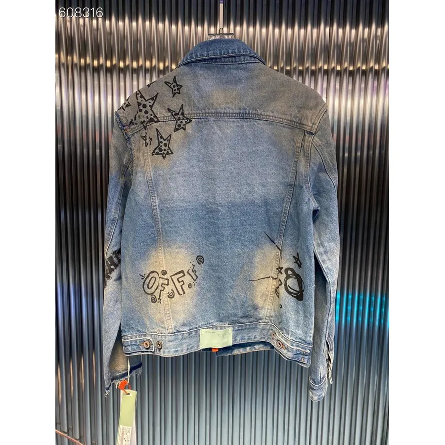 Off White Graffiti Oversized Denim Jakke Vår/sommer 2022 Kolleksjon, Blå