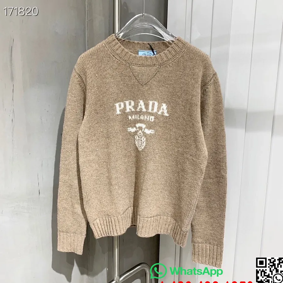 Prada Intarsia Strik Logo Sweater Sweater Efterår/vinter 2020 Kollektion, Beige