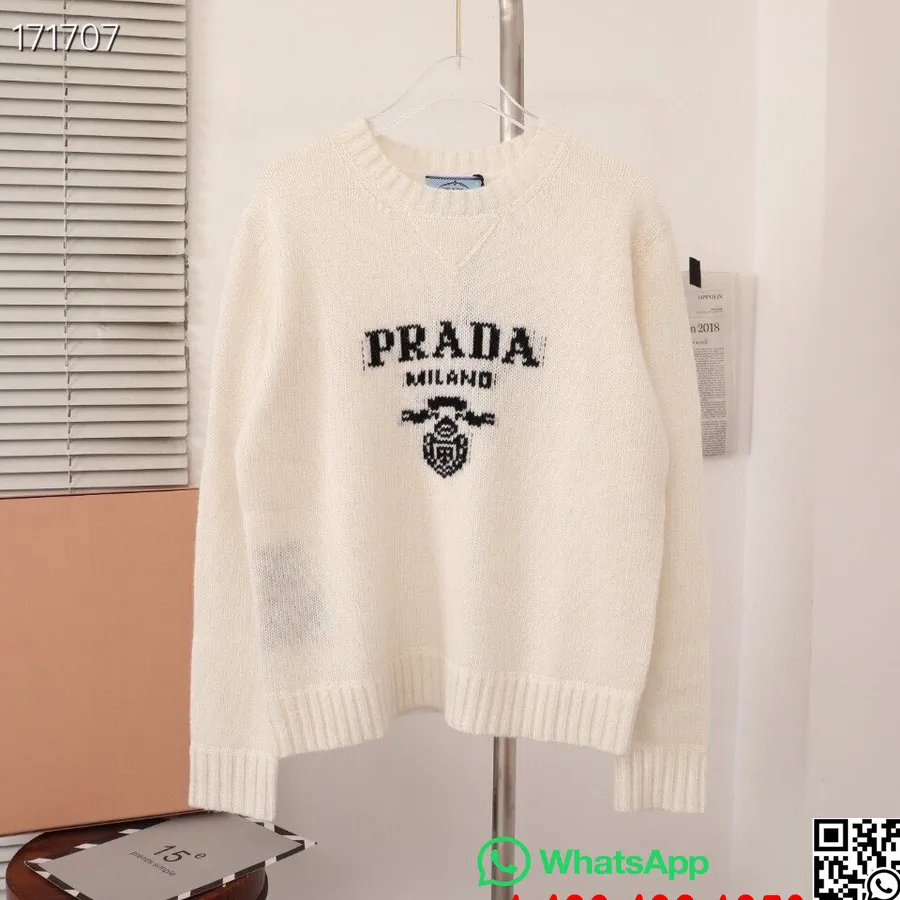 Prada Intarsia Strikket Logo Genser Høst/vinter 2020 Kolleksjon, Hvit