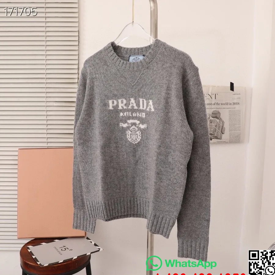 Prada Intarsia Strik Logo Sweater Sweater Efterår/vinter 2020 Kollektion, Grå