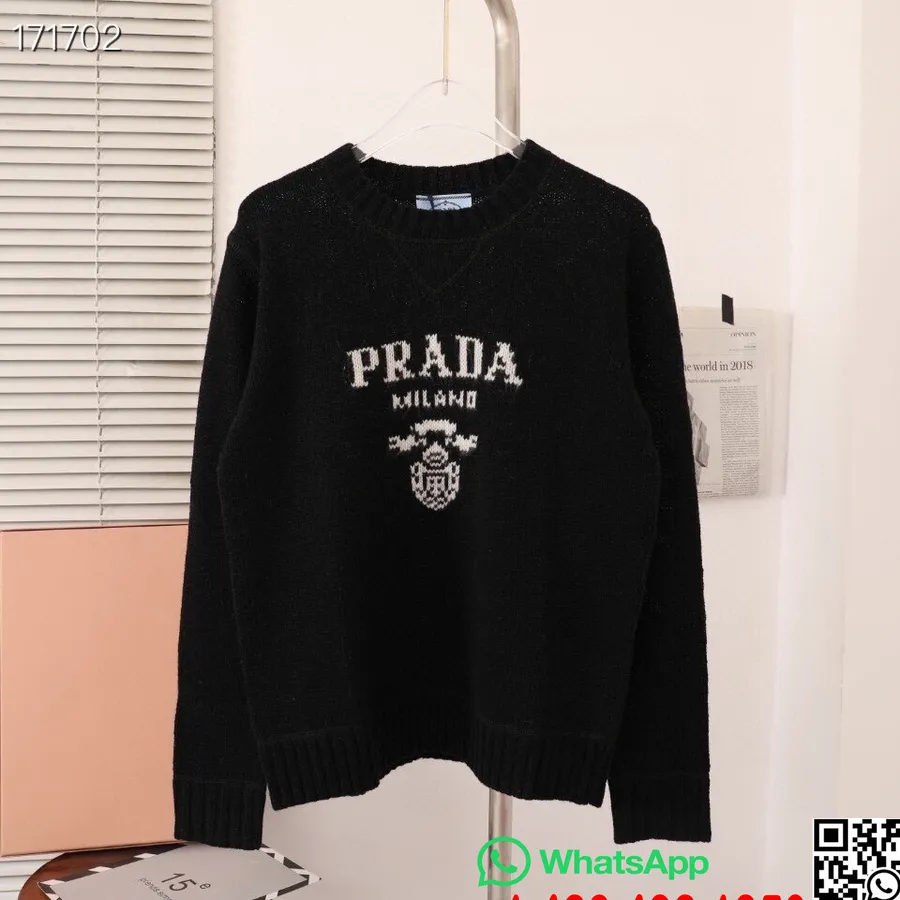 Prada Intarsia Strik Logo Sweater Sweater Efterår/vinter 2020 Kollektion, Sort