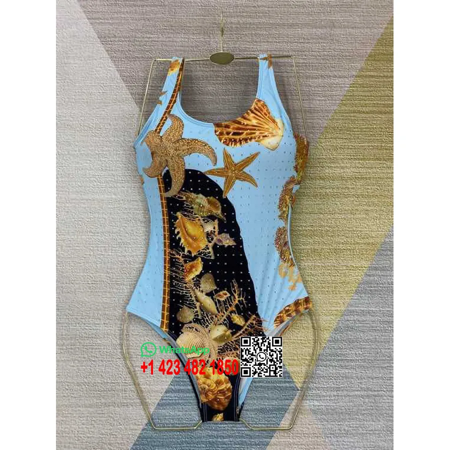 Costum De Baie Bikini Versace O Bucată, Colecția Primăvară/vară 2020, Albastru Deschis/auriu