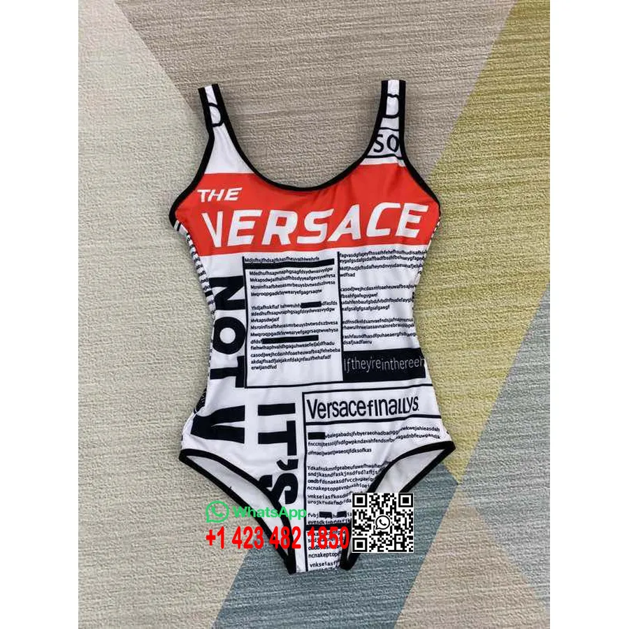 Baju Renang Bikini One Piece Cetak Koran Versace Koleksi Musim Semi/Musim Panas 2020, Hitam/Putih