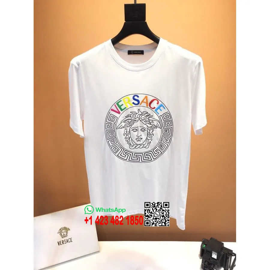 Versace Broderet Oversized Bomuld T-shirt Forår/sommer 2020 Kollektion, Multi/hvid