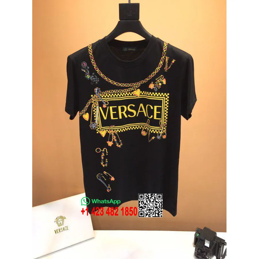 Tricou Oversize Din Bumbac Brodat Versace, Colectia Primavara/vara 2020, Negru