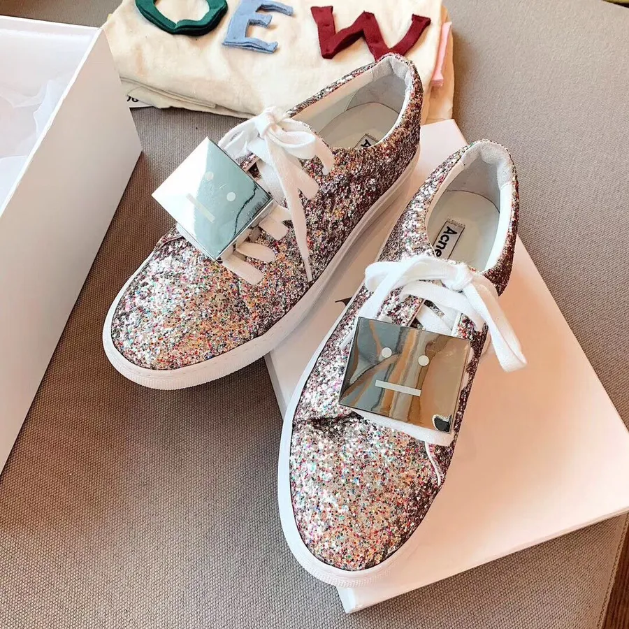 Acne Studios Adriana Turnup Glitter Sneakers Calfskin Leather Spring/Summer 2019 Collection, Multi-Pink