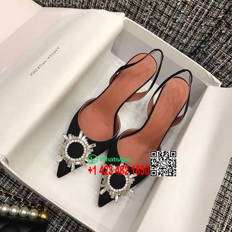 Amina Muaddi Begum 70 סאטן קריסטל אבזם Slingback פרדות עם קריסטלים עור עגל קולקציית אביב/קיץ 2019, שחור