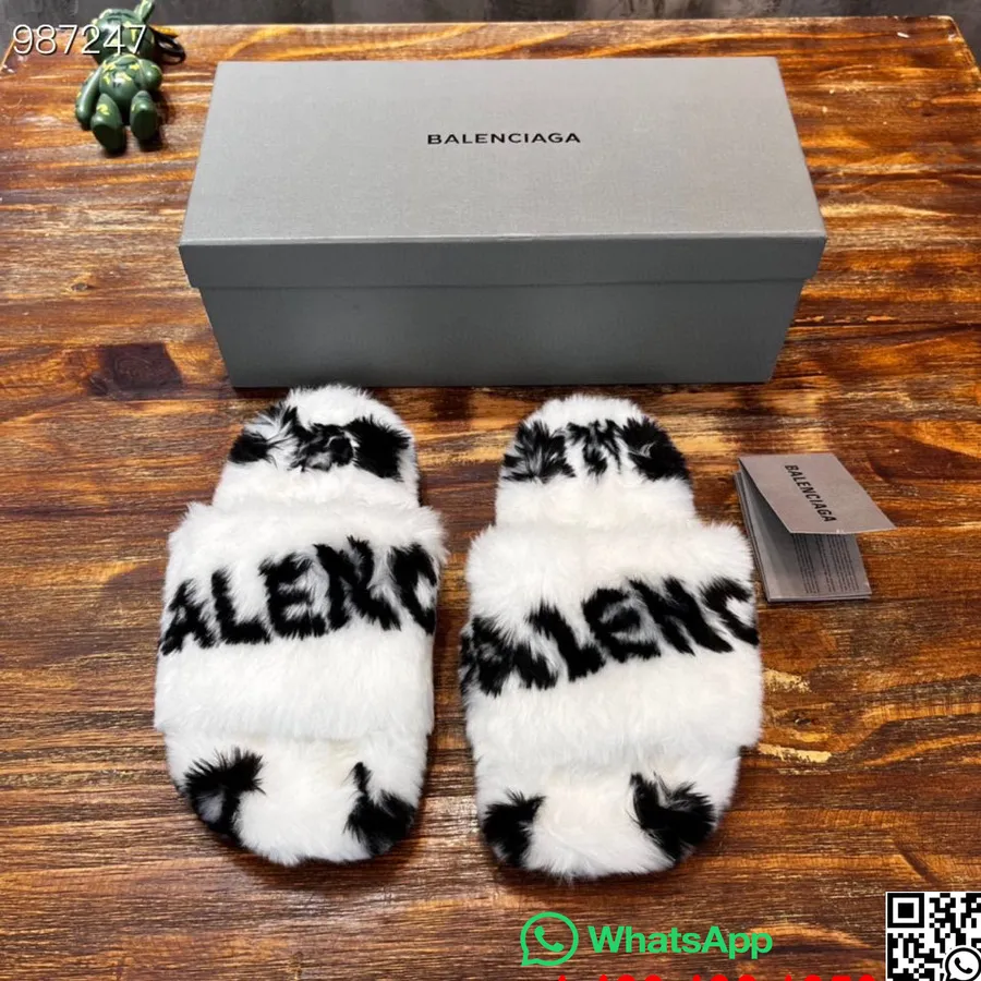 Balenciaga Logo Fur Fluffy Slides Unisex-Schuhe Herbst/Winter 2022 Kollektion, Weiß