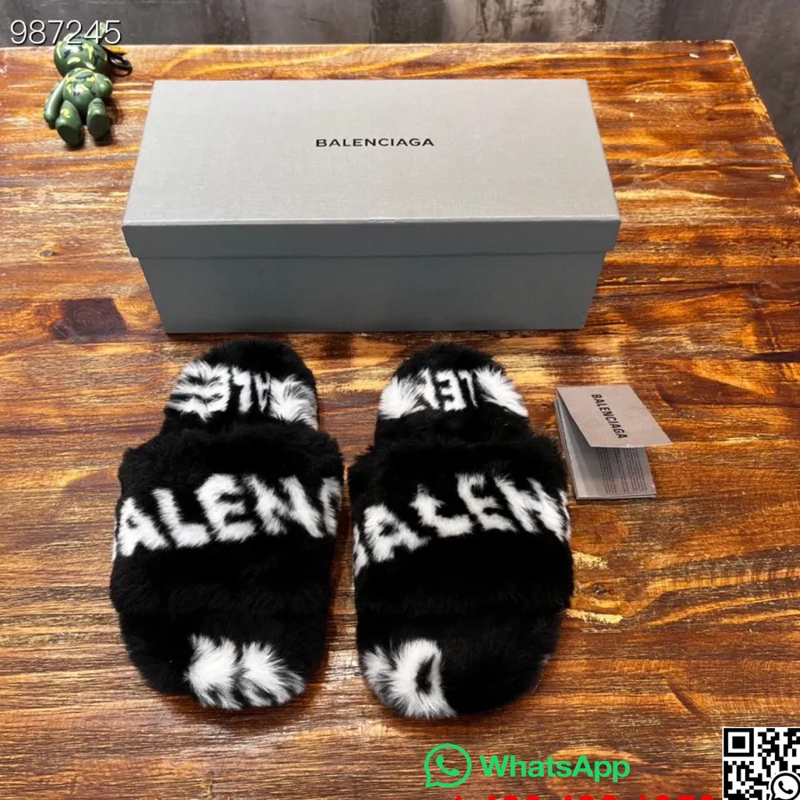 Balenciaga Logo Fur Fluffy Slides Unisex-Schuhe Herbst/Winter 2022 Kollektion, Schwarz