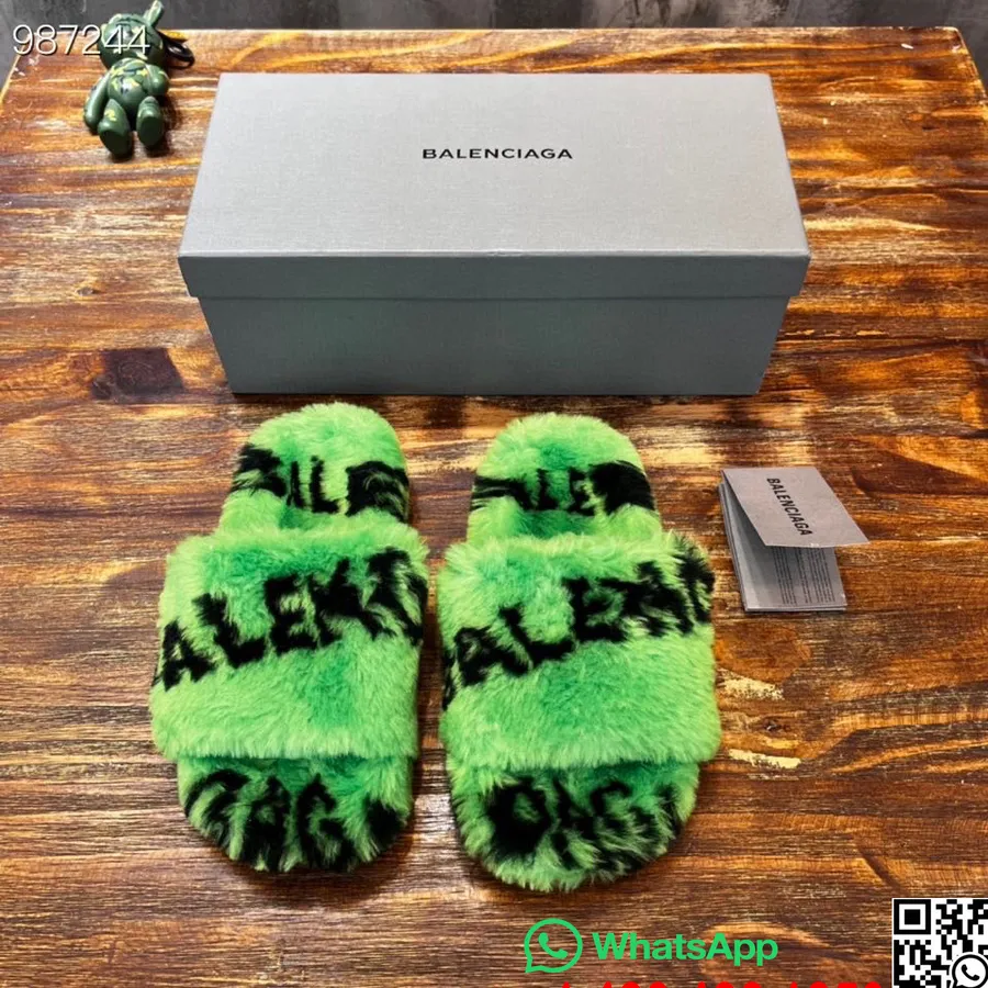 Balenciaga Logo Fur Fluffy Slides Unisex-Schuhe Herbst/Winter 2022 Kollektion, Grün