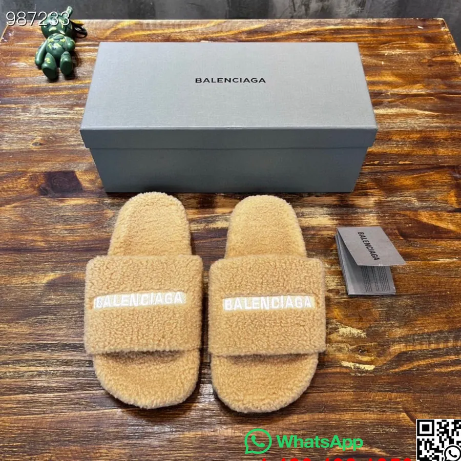 Balenciaga Logo Furry Slides Unisex Sko Efterår/vinter 2022 Kollektion, Tan