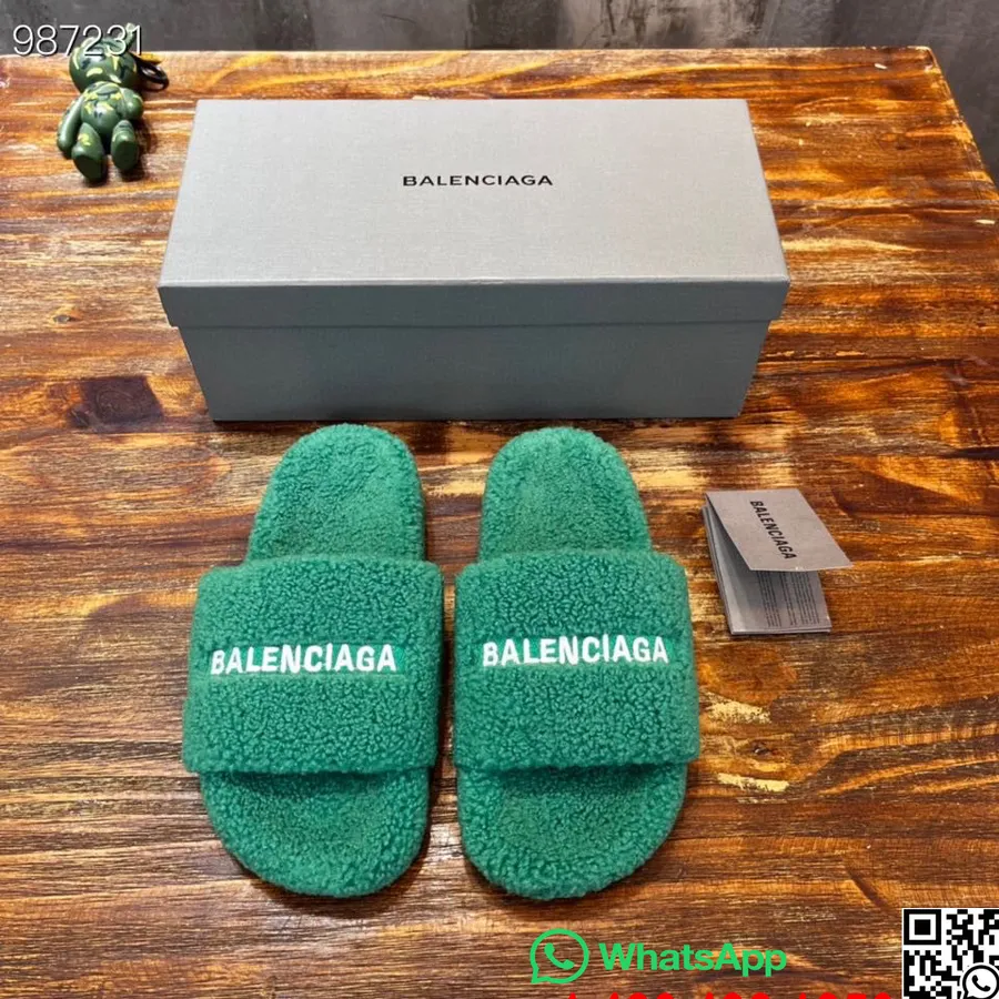 Balenciaga Logó Furry Slides Unisex Cipő őszi/téli 2022 Kollekció, Smaragd