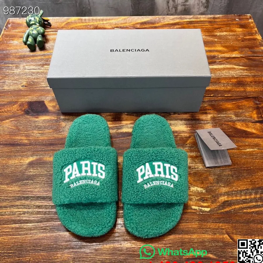 Balenciaga Paris Logo Furry Slides Sapatos Unissex Coleção Outono/inverno 2022, Esmeralda