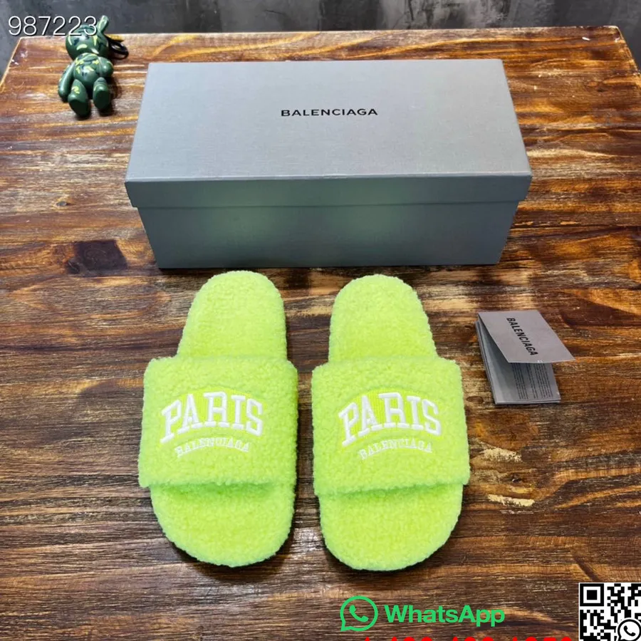 Balenciaga Paris Logo Furry Slides Chaussures Unisexes Collection Automne/hiver 2022, Jaune Fluo