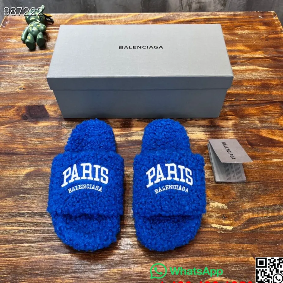 Balenciaga Paris Logo Furry Slides Chaussures Unisexes Collection Automne/hiver 2022, Bleu