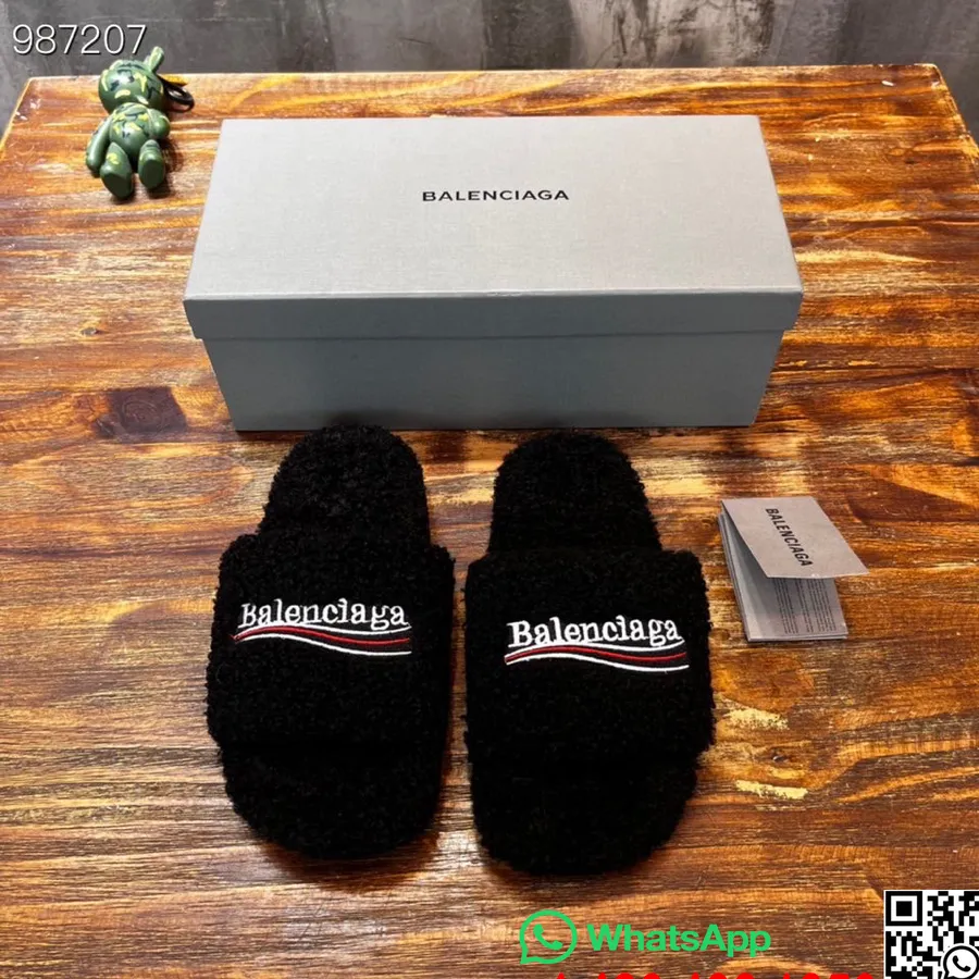 Balenciaga Kampaň Furry Slides Unisex Topánky Kolekcia Jeseň/zima 2022, čierna