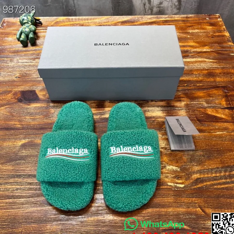 Balenciaga Kampány Furry Slides Unisex Cipő őszi/téli 2022 Kollekció, Smaragd