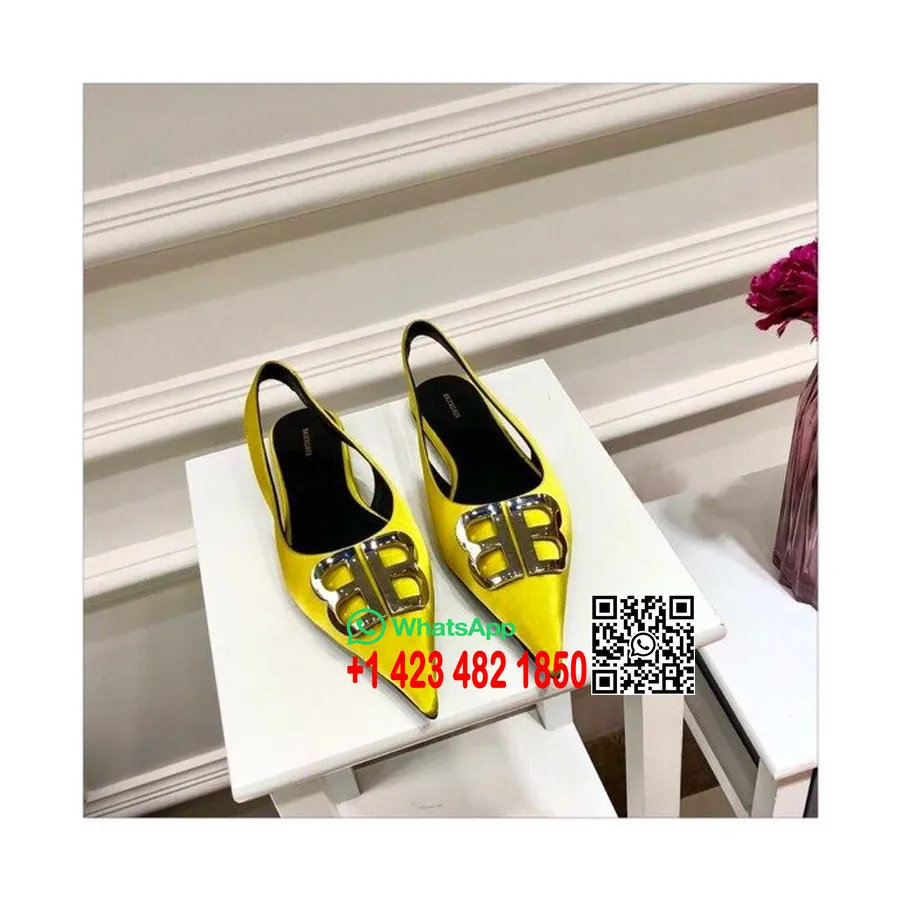 Balenciaga Bb Satin Slingback Mule Flats Kalvskinn Läder Vår/sommar 2019 Kollektion, Gul