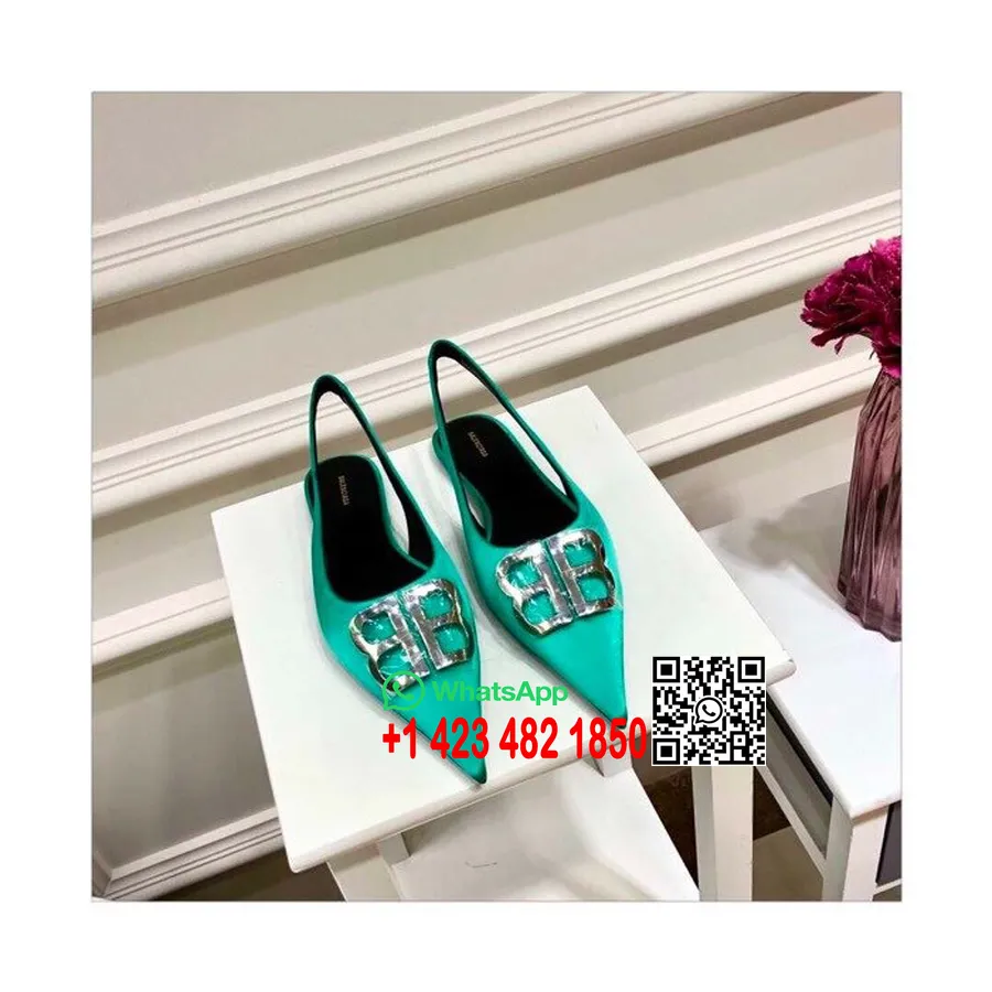 Balenciaga BB Satin Slingback Mule Flats جلد العجل مجموعة ربيع وصيف 2019، فيروزي