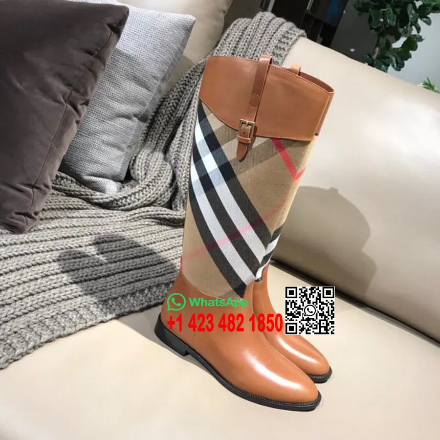 Burberry Vaughan Check/δερμάτινο γόνατο ψηλή μπότα, δέρμα μοσχαριού, φθινόπωρο/χειμώνας 2018 συλλογή, μαύρισμα