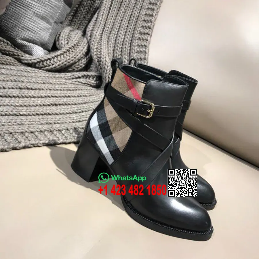 Burberry Vaughan Flat Check/pelle Stivaletto Con Tacco Largo 70mm Pelle Di Vitello Collezione Autunno/inverno 2018, Nero