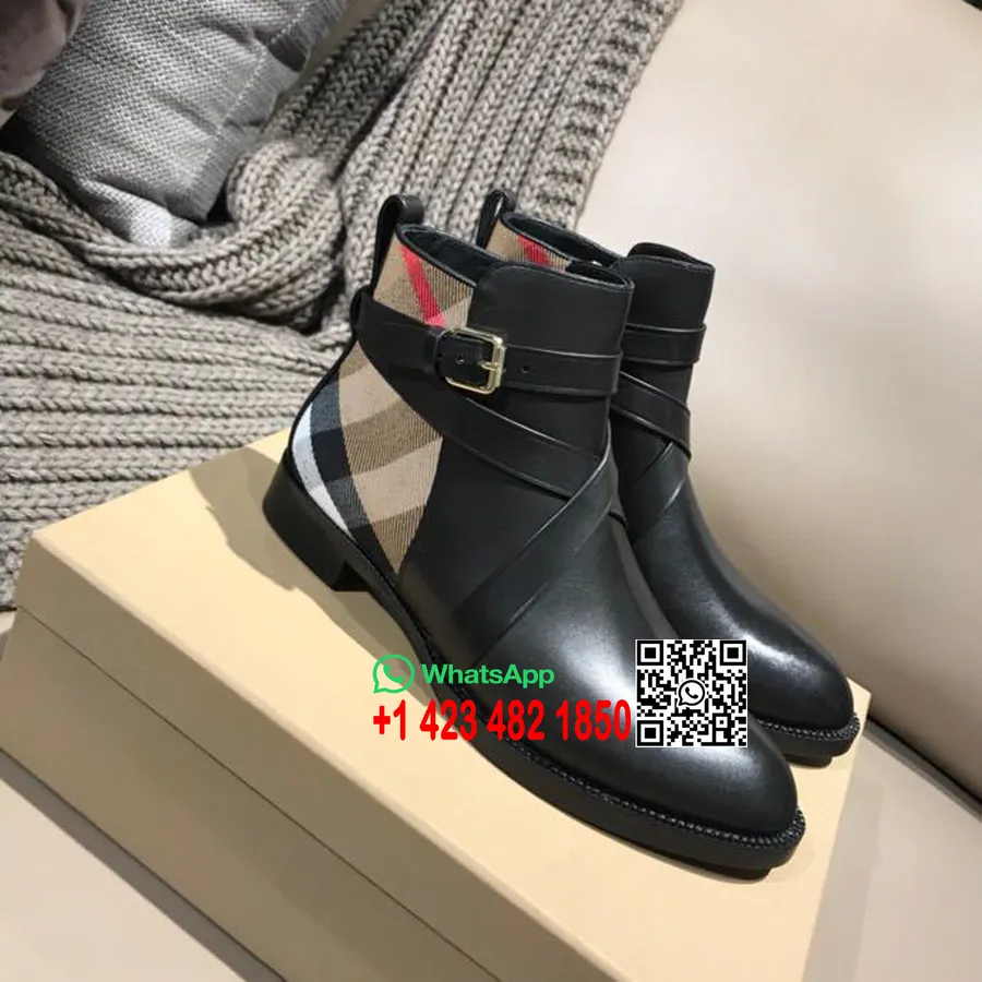 Bota Burberry Vaughan Flat Check/couro Tornozelo Couro De Bezerro Coleção Outono/inverno 2018, Preto