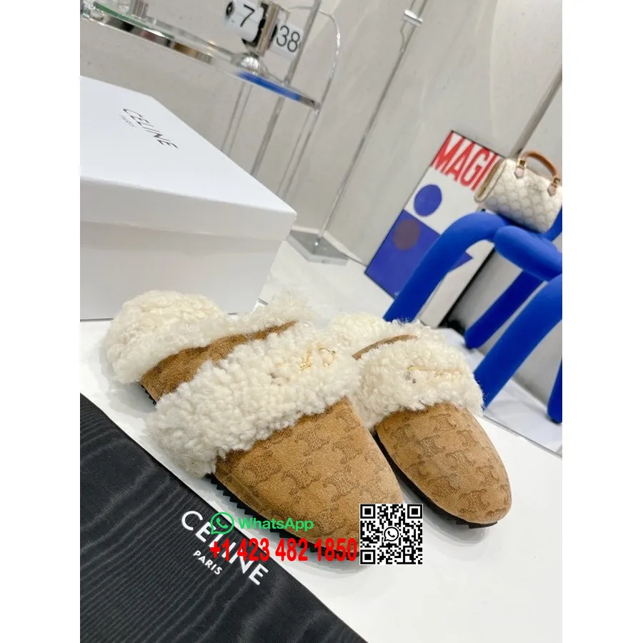 Celine Fur Slides Triomphe Slipper Ruskind/kalveskind Og Shearling Forår/sommer 2022 Kollektion, Tan