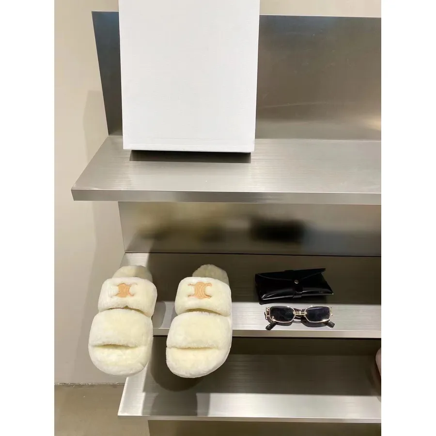 Celine Pels Slippers Sandaler Høst/vinter 2021 Kolleksjon, Hvit/beige