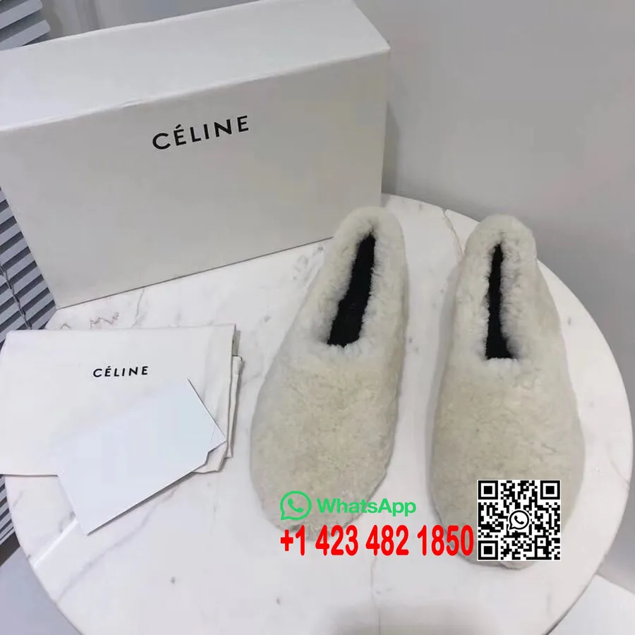 Celine Cozy Toffel Platt Shearling Päls Kalvskinn Läder Höst/vinter 2018 Kollektion, Vit