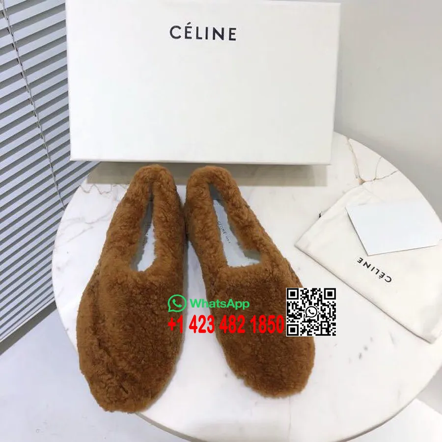 Celine Cozy Slipper Flad Shearling Pels Kalveskind Læder Efterår/vinter 2018 Kollektion, Brun