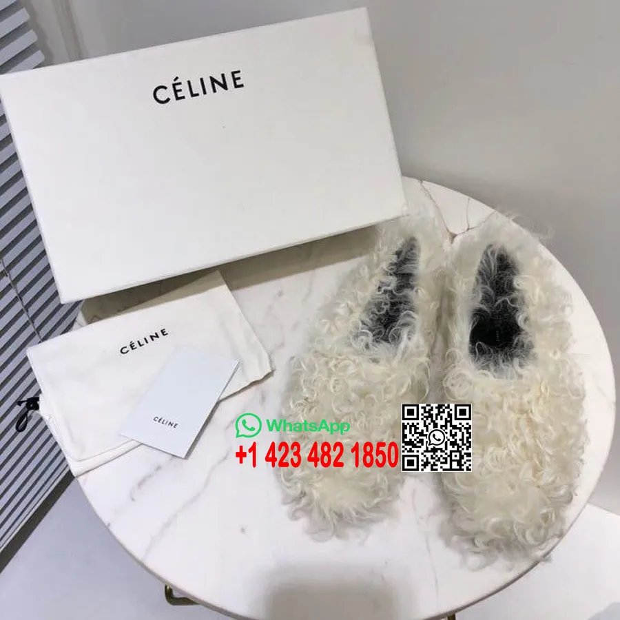 Celine Cozy Toffel Platt Lammskinnspäls Kalvskinn Höst/vinter 2018 Kollektion, Vit