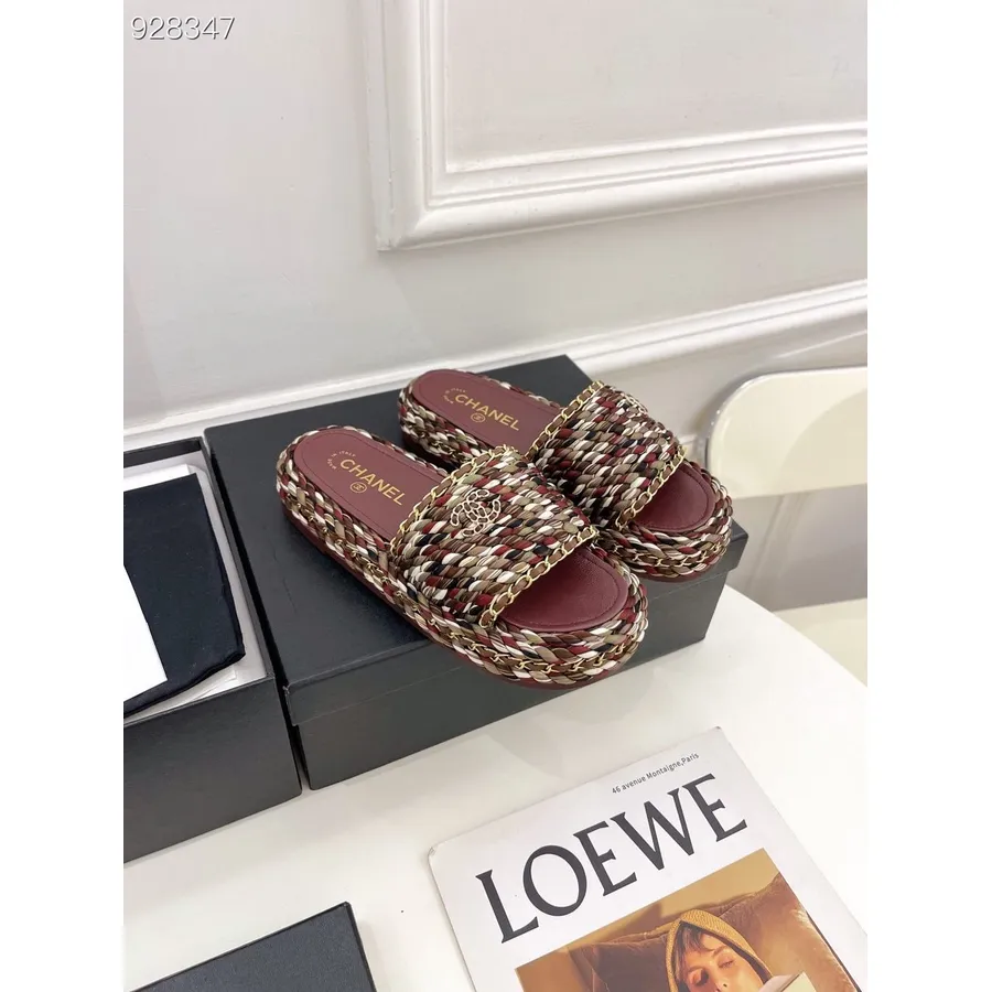 Chanel Rope Sandale Chanel împodobite Tweed/piele De Vițel Colecția Primăvară/vară 2022, Visiniu/alb