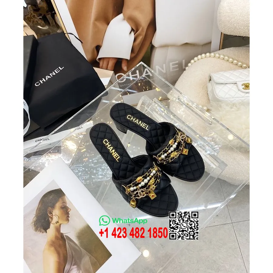 Chanel Charm Perlenverzierte Sandalen Lammleder Frühjahr/sommer 2022 Kollektion, Schwarz