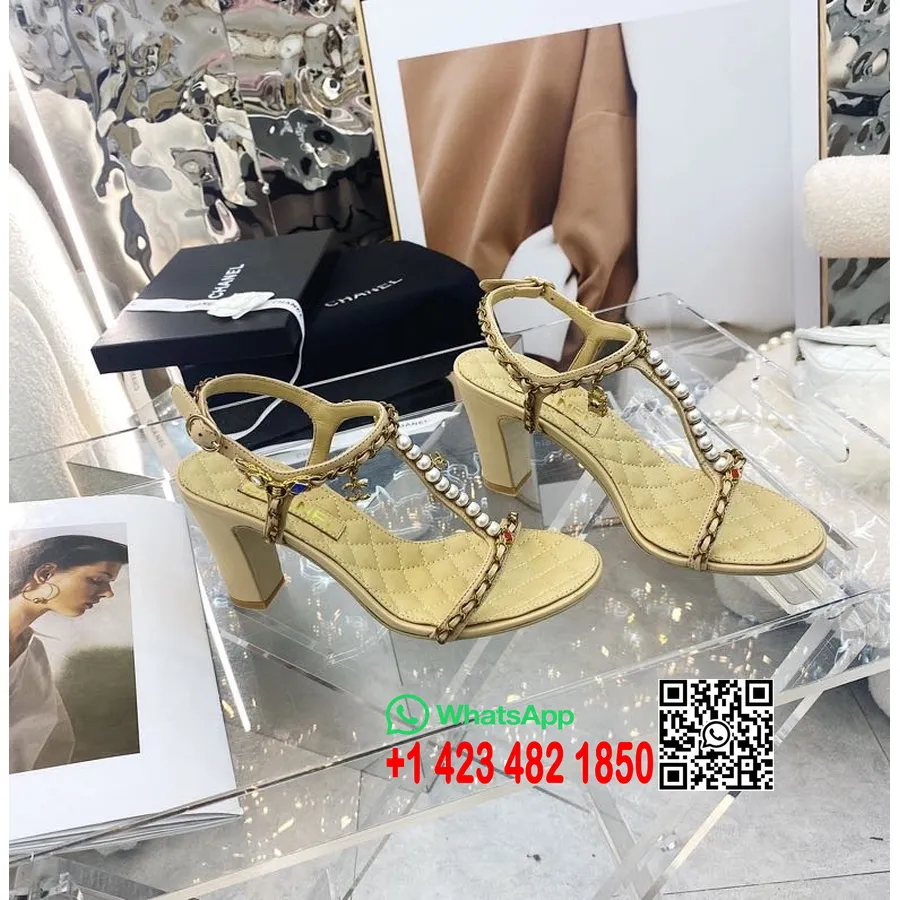 Chanel Charm Perlenverzierte T-plateau-sandalen Aus Lammleder, Frühjahr/sommer-kollektion 2022, Beige