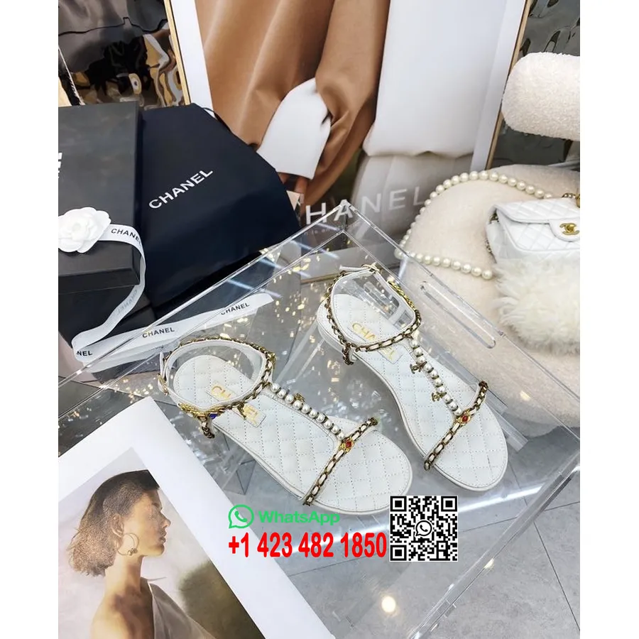 Chanel Charm Pearl Embellished Sandals Lambskin Leather Spring/Summer 2022 Collection, White