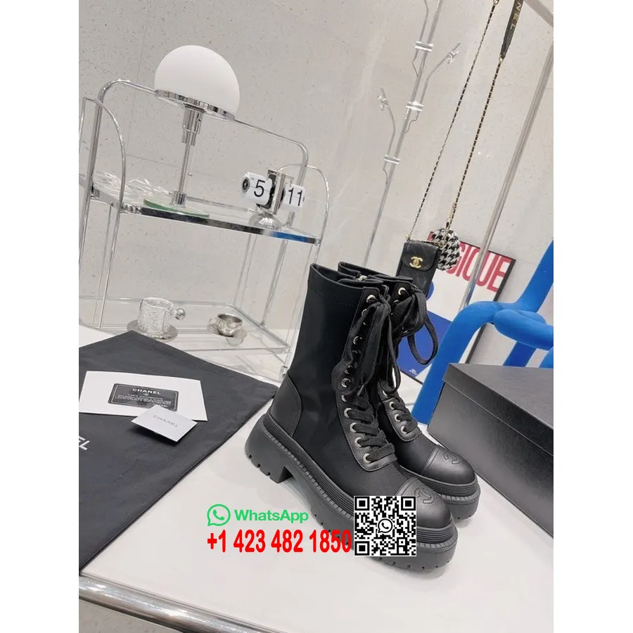 Chanel Lace Up Elastic Knee Ankle Boots Nylon/Calfskin Leather Spring/Summer 2022 Collection, Black