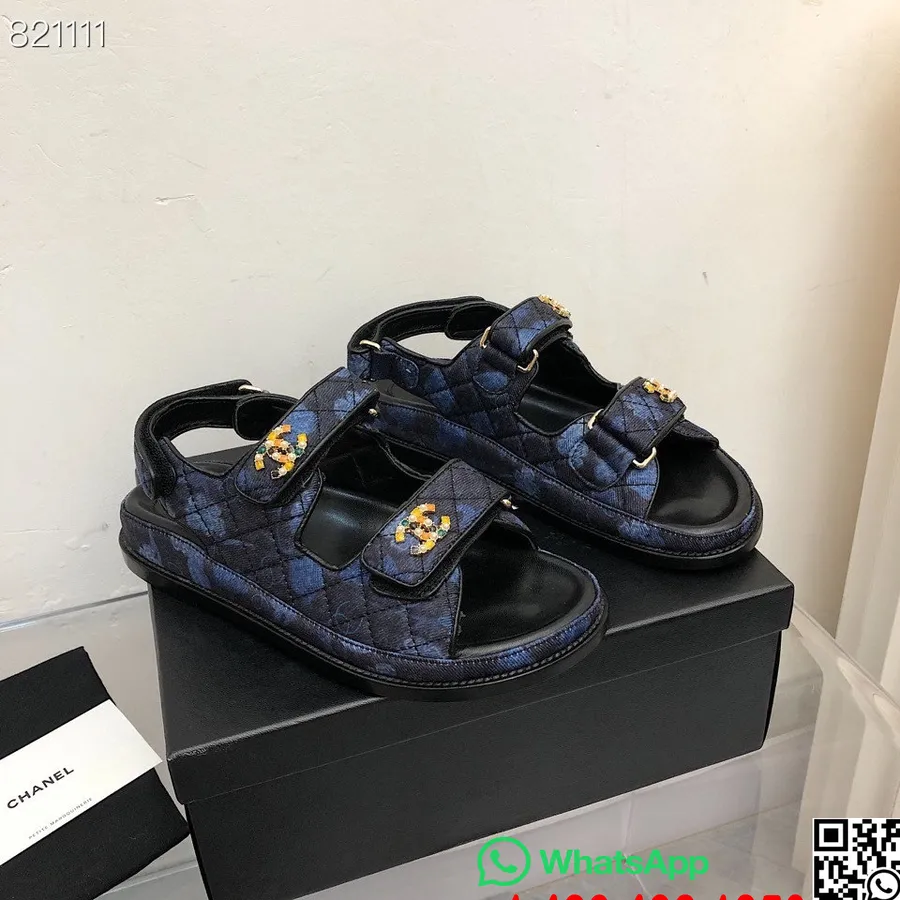 Chanel Florale Klettverschluss-dad-sandalen Aus Segeltuch/kalbsleder, Frühjahr/sommer-kollektion 2022, Schwarz/blau