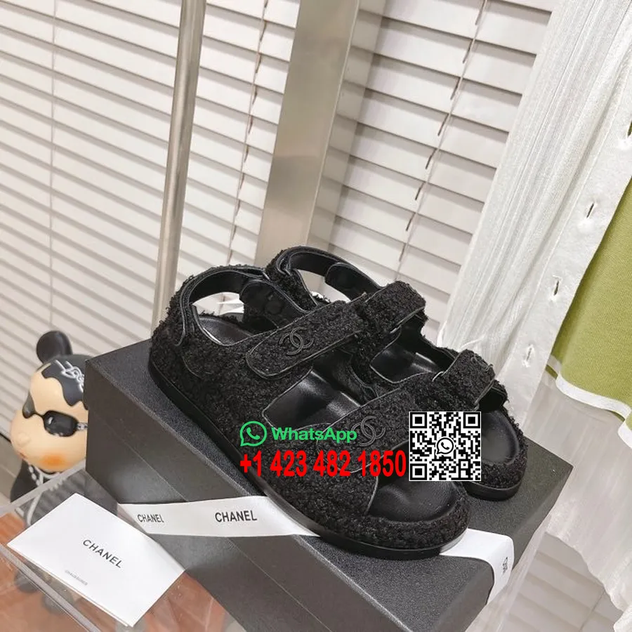 Chanel Shearling Teddy Velcro Dad Sandals δέρμα μοσχαριού συλλογή άνοιξη/καλοκαίρι 2022, μαύρο