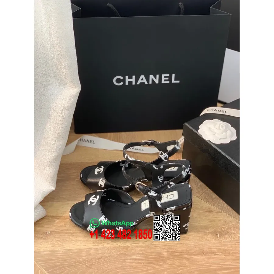 סנדלי משאבה מודפסים של Chanel Cc 8.5 ס"מ G38969 עור כבש קולקציית אביב/קיץ 2022, שחור/לבן