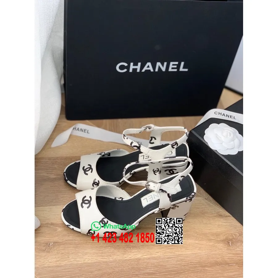 Chanel Cc מודפס סנדלי משאבה 8.5 ס"מ G38969 עור כבש קולקציית אביב/קיץ 2022, לבן/שחור