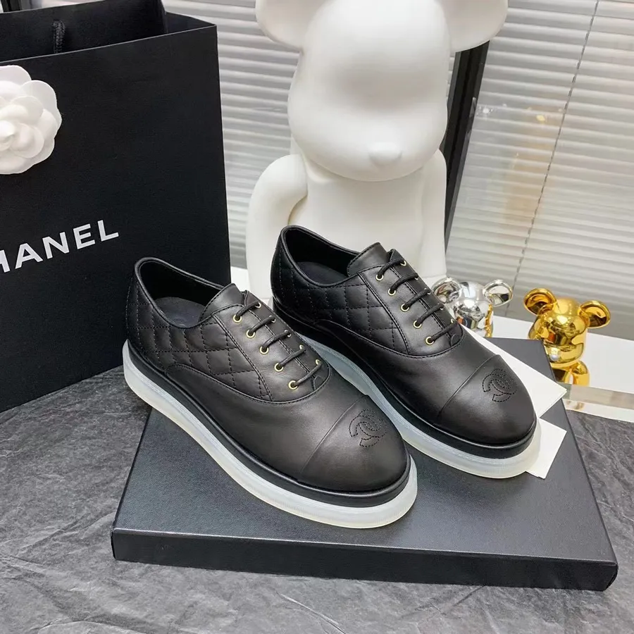 Chanel Lace Up Platform Creepers Piele De Miel Colectia Toamna/iarna 2021, Negru