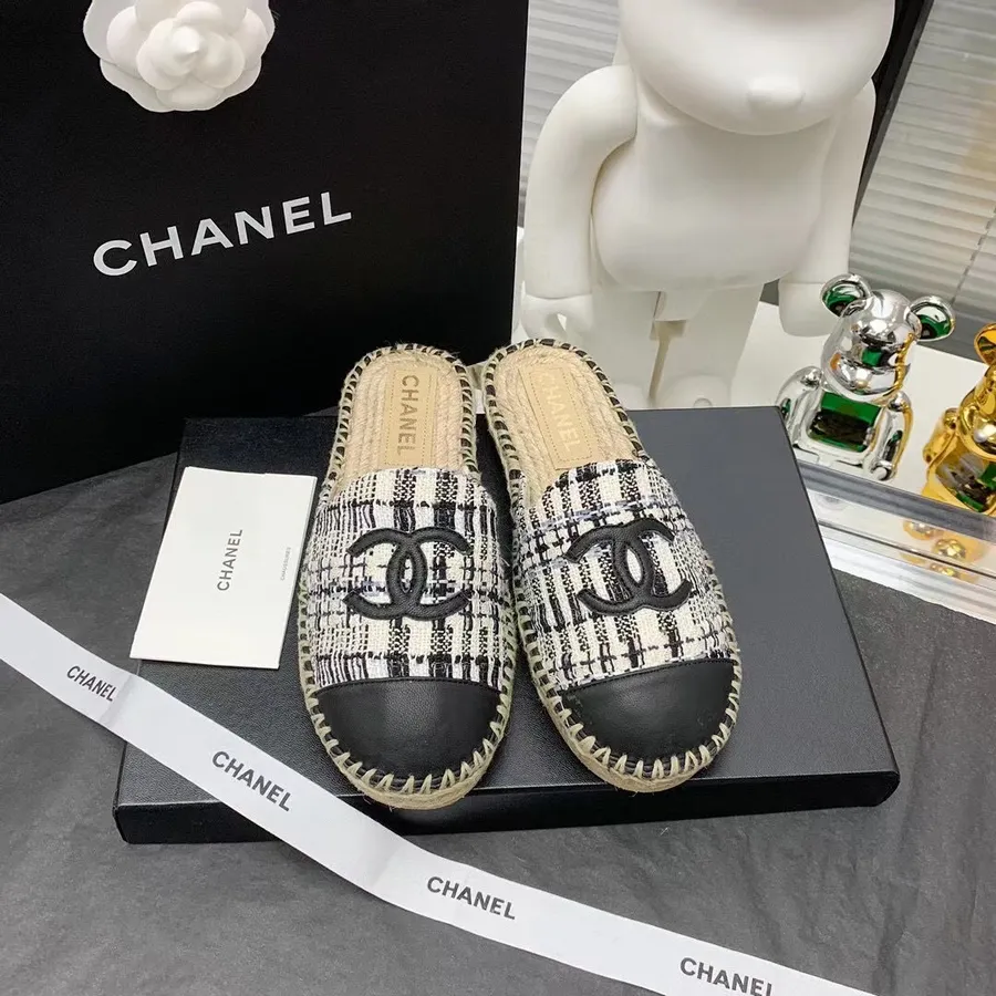 Chanel Espadrille Mules Tweed/báránybőr 2021 őszi/téli Kollekció, Fekete