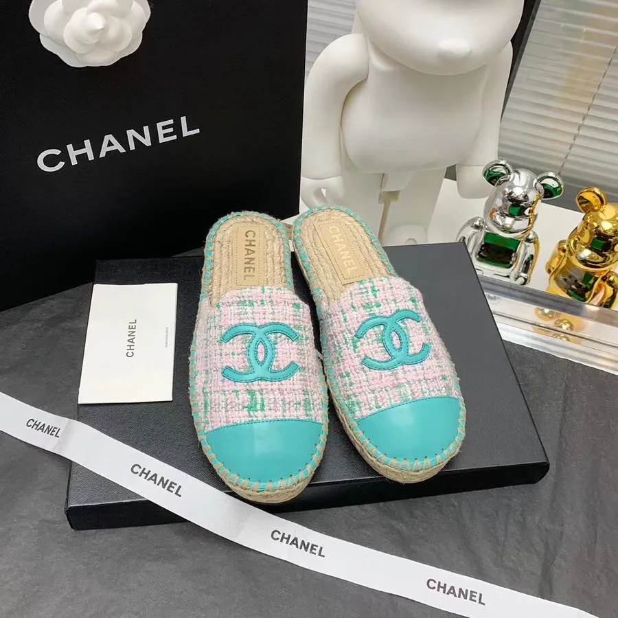 Muli Espadrile Chanel Tweed/piele De Miel Colectia Toamna/iarna 2021, Turcoaz