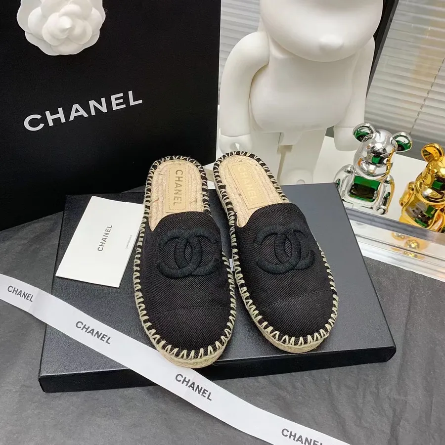 Muli Espadrile Chanel Canvas/piele De Miel Colectia Toamna/iarna 2021, Negru