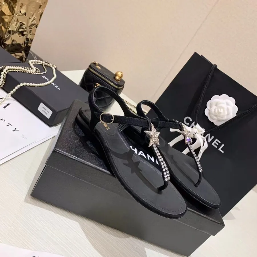 Sandalias Dedo Chanel Star Lona/piel De Cordero Colección Primavera/verano 2021, Negro/plata