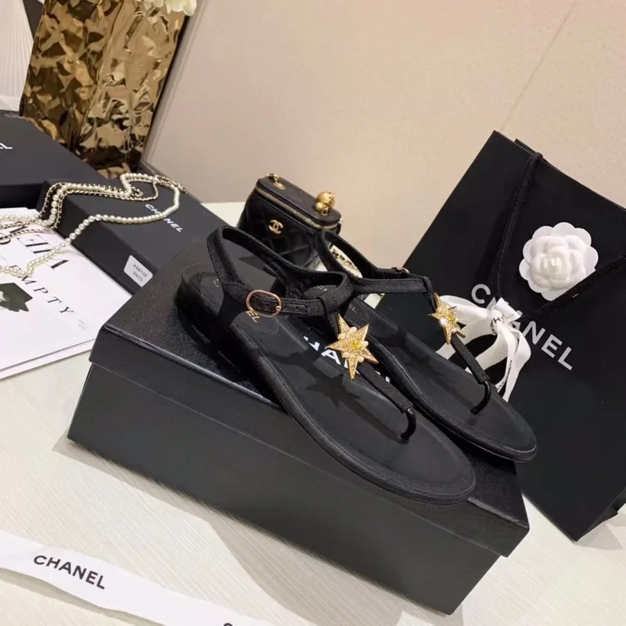 Chanel Sandalias Estrella De Dedo Lona/piel De Cordero Colección Primavera/verano 2021, Negro