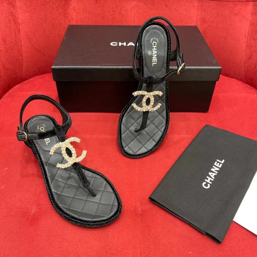 Chanel String-sandaler Fløjl/lammeskind Forår/sommer 2021 Kollektion, Sort