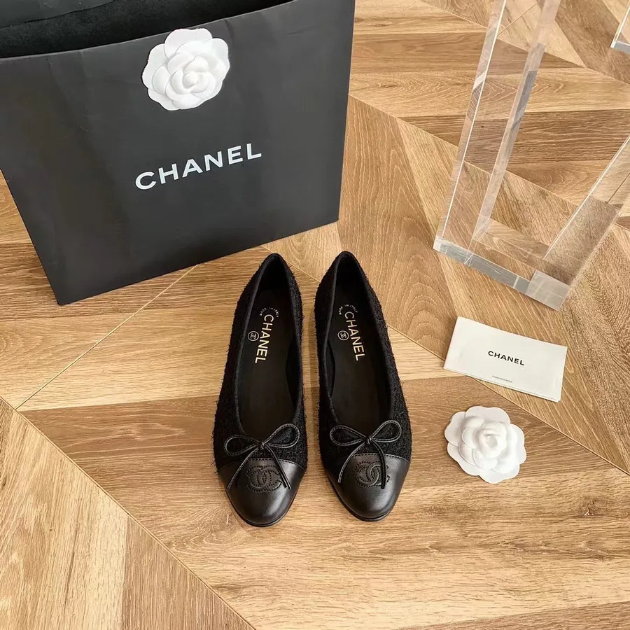 Chanel Balerina Lapos Tweed/báránybőr 2021 Tavaszi/nyári Kollekció, Fekete