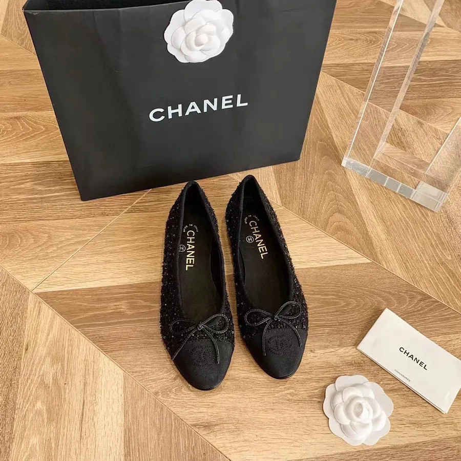 Chanel Balerina Lapos Flitter/tweed/báránybőr 2021 Tavaszi/nyári Kollekció, Fekete